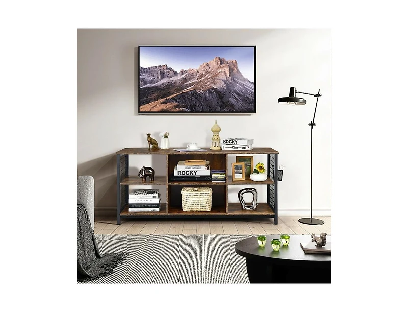 Slickblue Mid-Century Wooden Tv Stand with Storage Basket for TVs up to 65 Inch - Rustic Brown