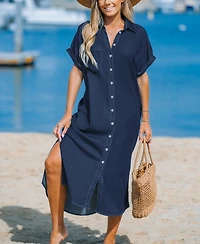 Cupshe Women's Denim Short Sleeve Button Down Cover Up Dress