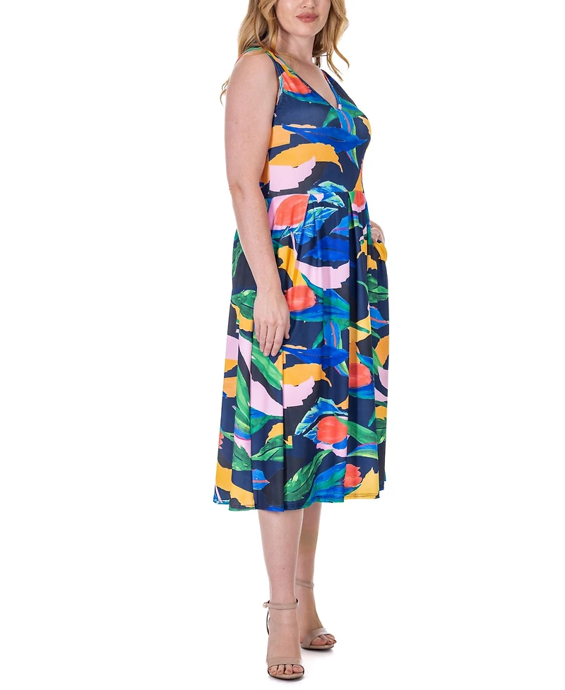 24seven Comfort Apparel Print Sleeveless Pleated Pocket Midi Dress