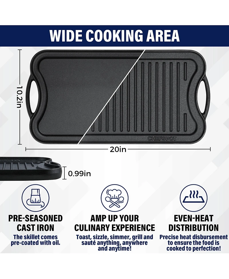 Chefspot Preseasoned Cast Iron Reversible Griddle Plate Pan - 20"