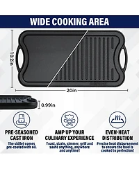 Chefspot Preseasoned Cast Iron Reversible Griddle Plate Pan - 20"