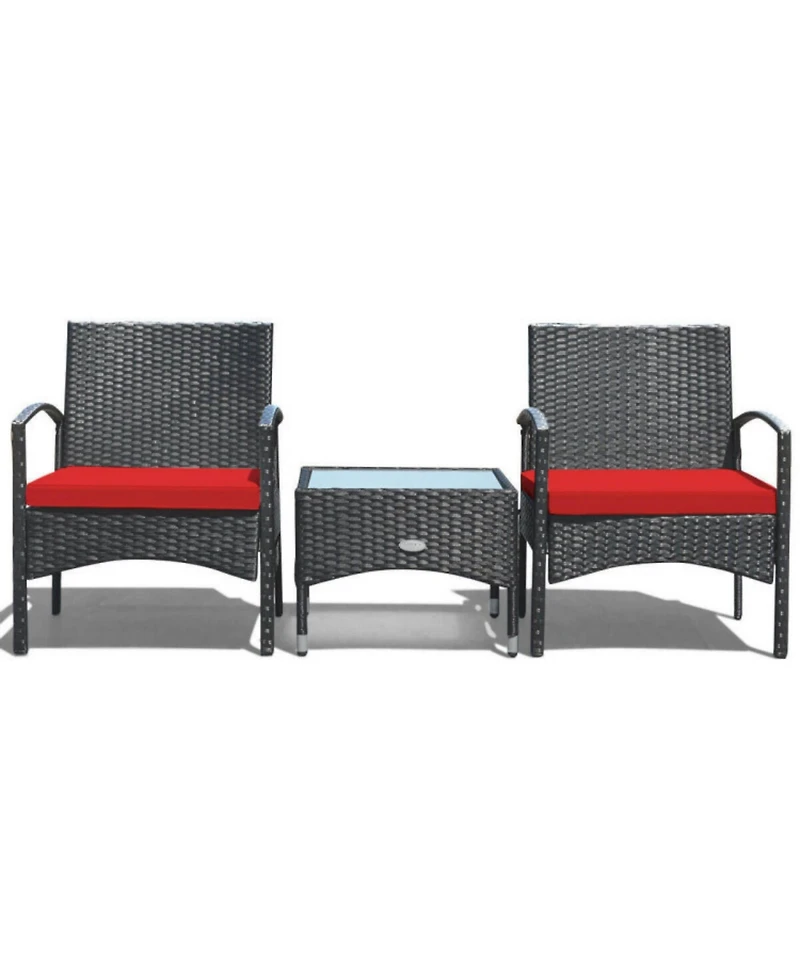 Sugift 3 Pieces Patio Wicker Rattan Furniture Set with Cushion for Lawn Backyard