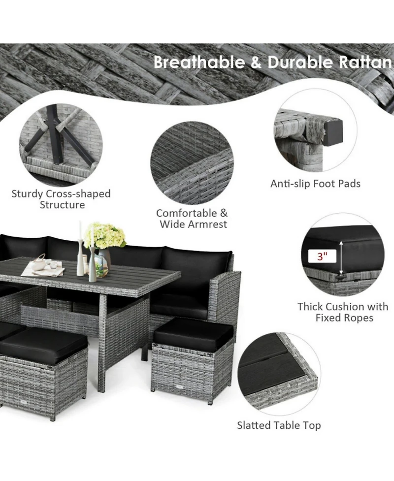 Sugift 7 Pieces Outdoor Wicker Sectional Sofa Set with Dining Table