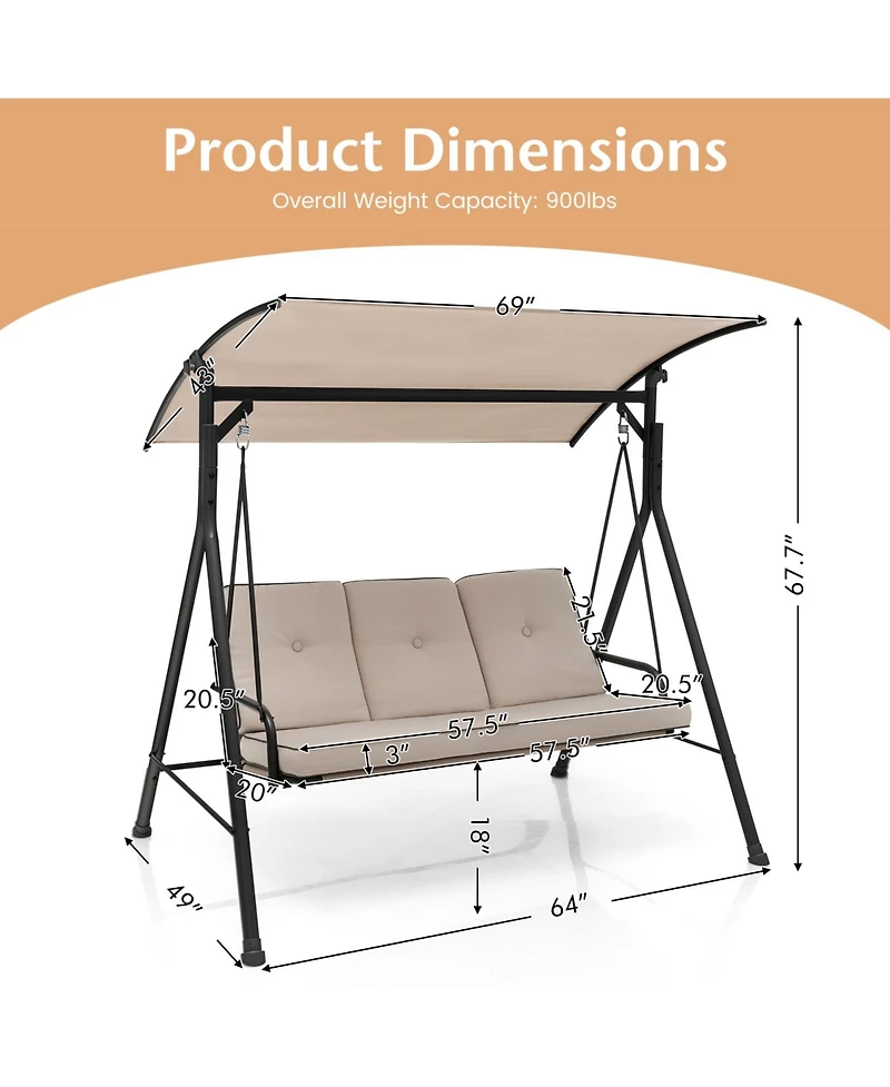 Sugift 3-Person Outdoor Patio Porch Swing with Adjustable Canopy and 900 Lbs Weight Capacity