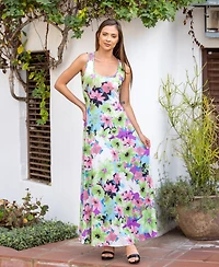 24seven Comfort Apparel Print Scoop Neck A Line Sleeveless Maxi Dress