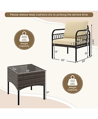 Sugift 3 Pieces Patio Wicker Conversation Set with Cushions and Tempered Glass Coffee Table