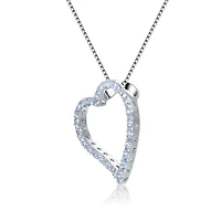 Sterling Silver with Round Cubic Zirconia Thick Open Heart Frame Necklace