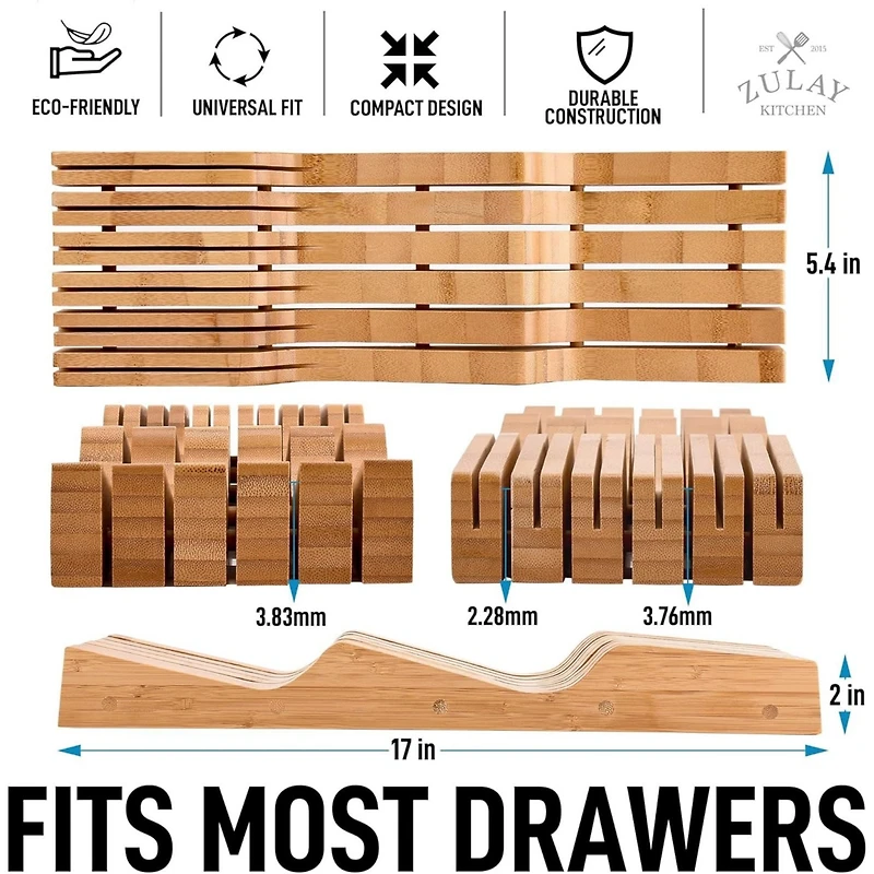 Zulay Kitchen Bamboo Knife Drawer Organizer Insert - Edge-Protecting Knife Organizer Block Holds Up To 11 Knives