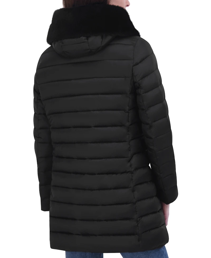Tahari Women's Faux-Fur-Trim Hooded Packable Shine Puffer Coat