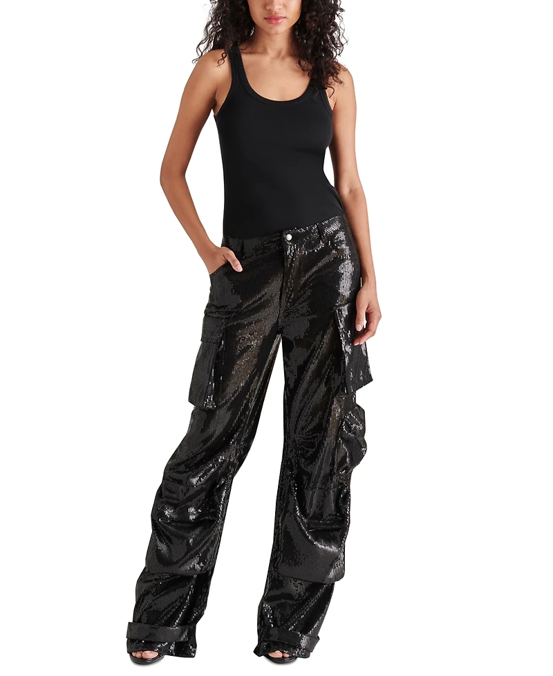 Steve Madden Women's Duo Sequin Relaxed Cargo Pants