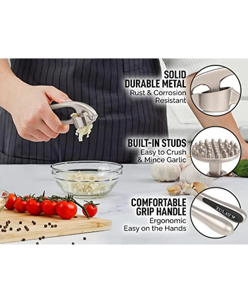 Zulay Kitchen Garlic Press and Peeler Set With Silicone Peeler & Brush