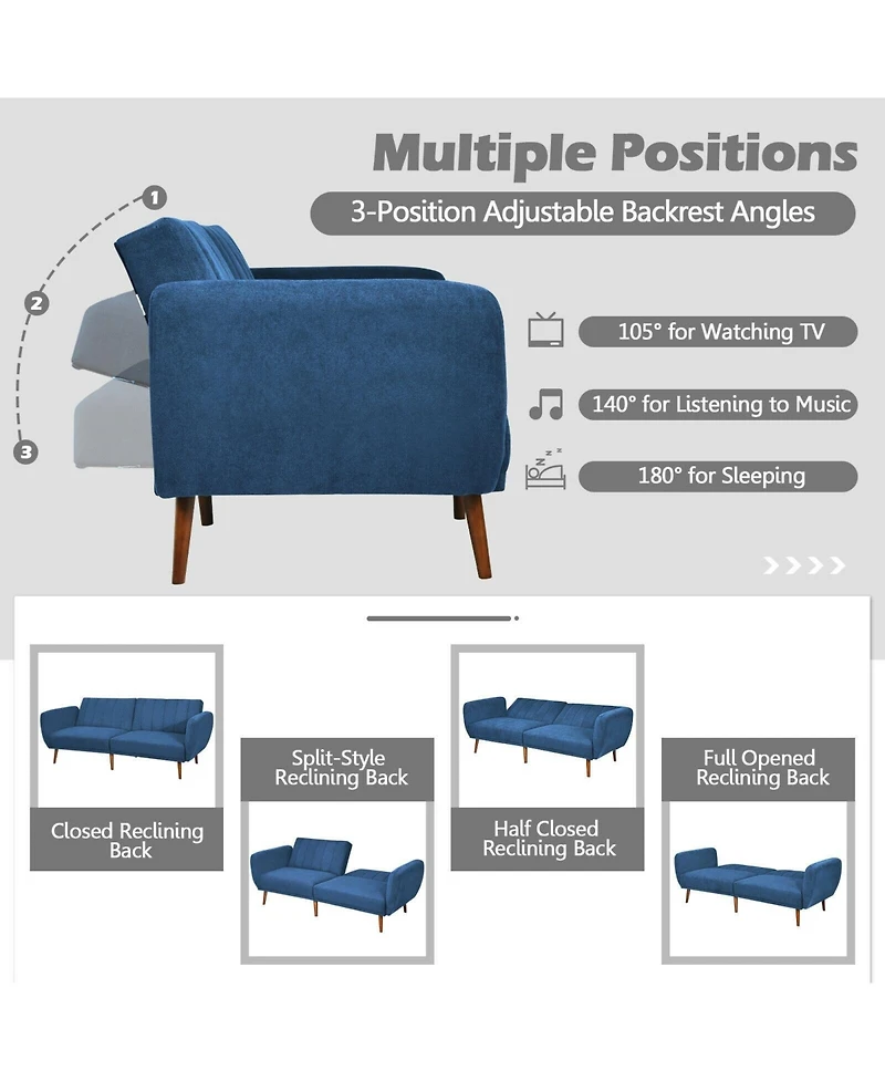 Convertible Futon Sofa Bed Adjustable Couch Sleeper with Wood Legs