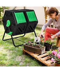 Slickblue Dual Chamber Garden Compost Tumbler with Sliding Doors-Black & Green