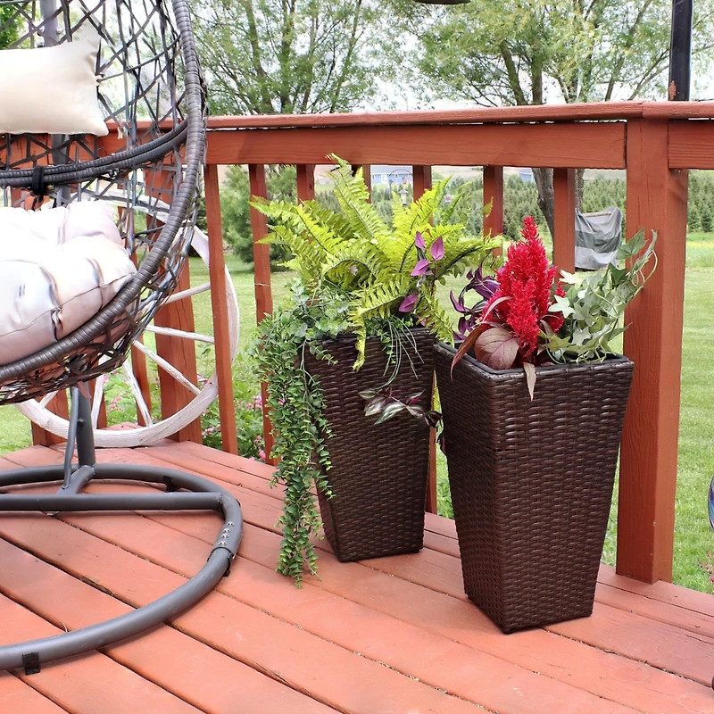 Modern Decorative Standing Square Polyrattan Planter Containers - Brown - 2-Pack
