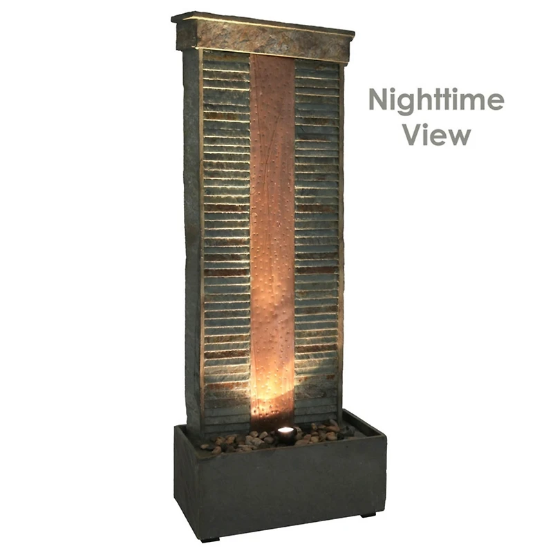 48"H Electric Natural Slate with Copper Accents Rippled Column Outdoor Water Fountain with Led Spotlight