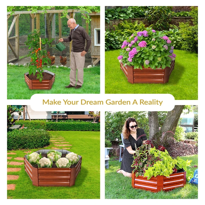11.75" H Raised Metal Garden Bed - Galvanized Raised Garden Bed Outdoor for Vegetables and Flowers - Woodgrain - Hexagon