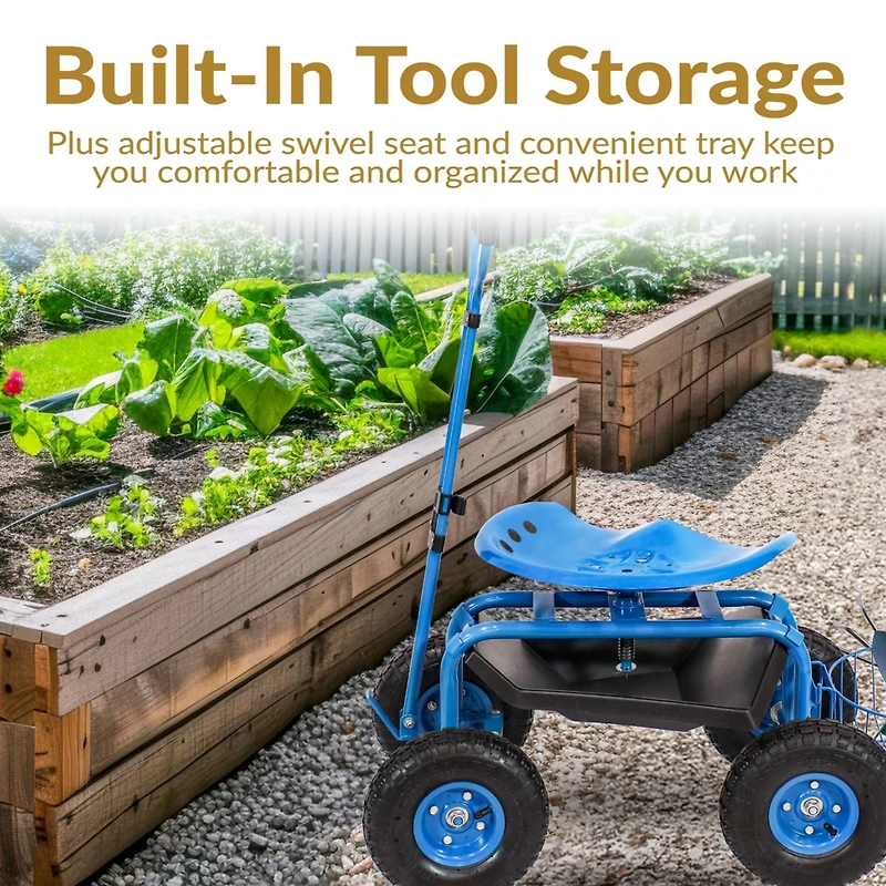 Garden Seat with Wheels - Rolling Garden Stool with Extendable Steer Handle, Swivel Seat and Utility Tool Tray