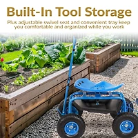 Garden Seat with Wheels - Rolling Garden Stool with Extendable Steer Handle, Swivel Seat and Utility Tool Tray