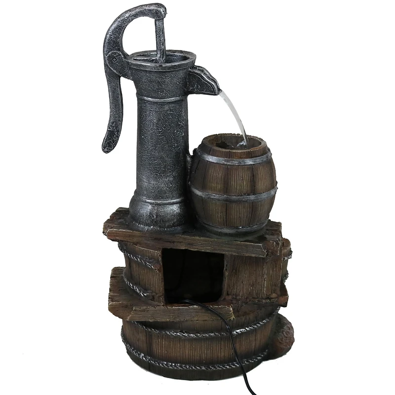 Sunnydaze Decor Cozy Farmhouse Pump and Barrels 23-Inch Outdoor Fountain with Led Lights - Polyresin - Electric Submersible Pump