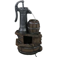 Sunnydaze Decor Cozy Farmhouse Pump and Barrels 23-Inch Outdoor Fountain with Led Lights - Polyresin - Electric Submersible Pump