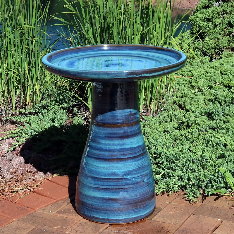 21" H Ceramic Bird Bath for Outside - Hand-Painted Outdoor Bird Bath Bowl, Uv/Frost-Resistant Finish - Galaxy Blue - Classic Pedestal