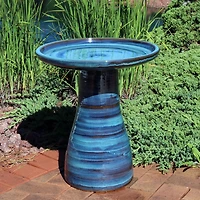 21" H Ceramic Bird Bath for Outside - Hand-Painted Outdoor Bird Bath Bowl, Uv/Frost-Resistant Finish - Galaxy Blue - Classic Pedestal