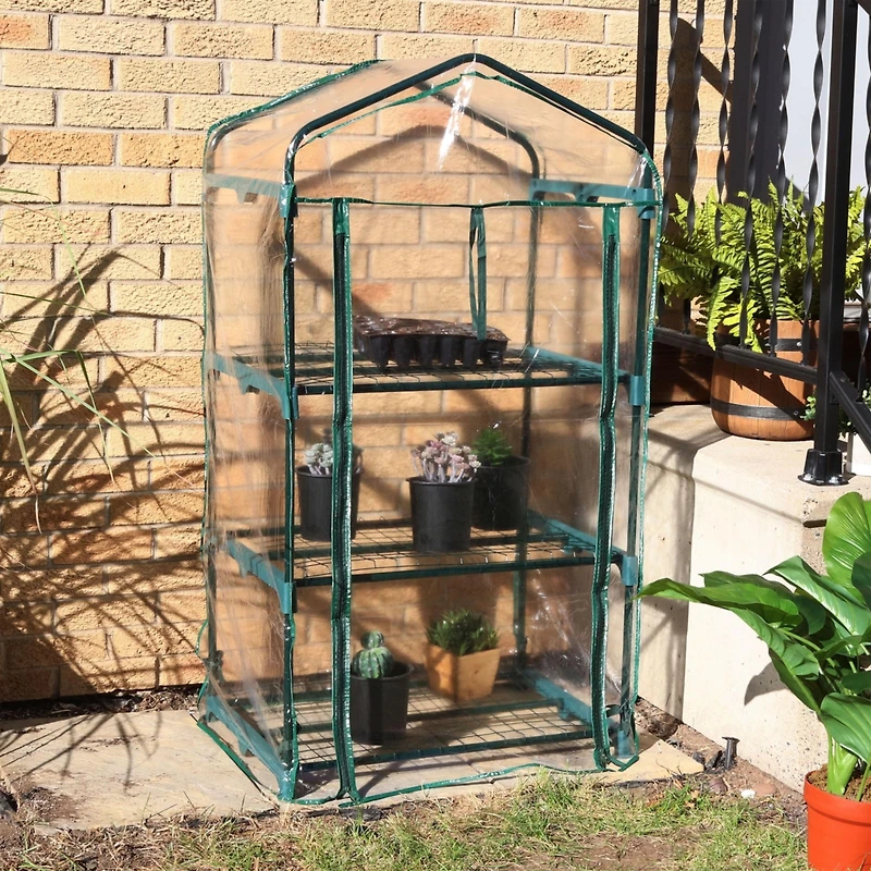 Outdoor Portable 3-Tier Mini Greenhouse with Roll-up Zippered Door and Steel Wire Shelves