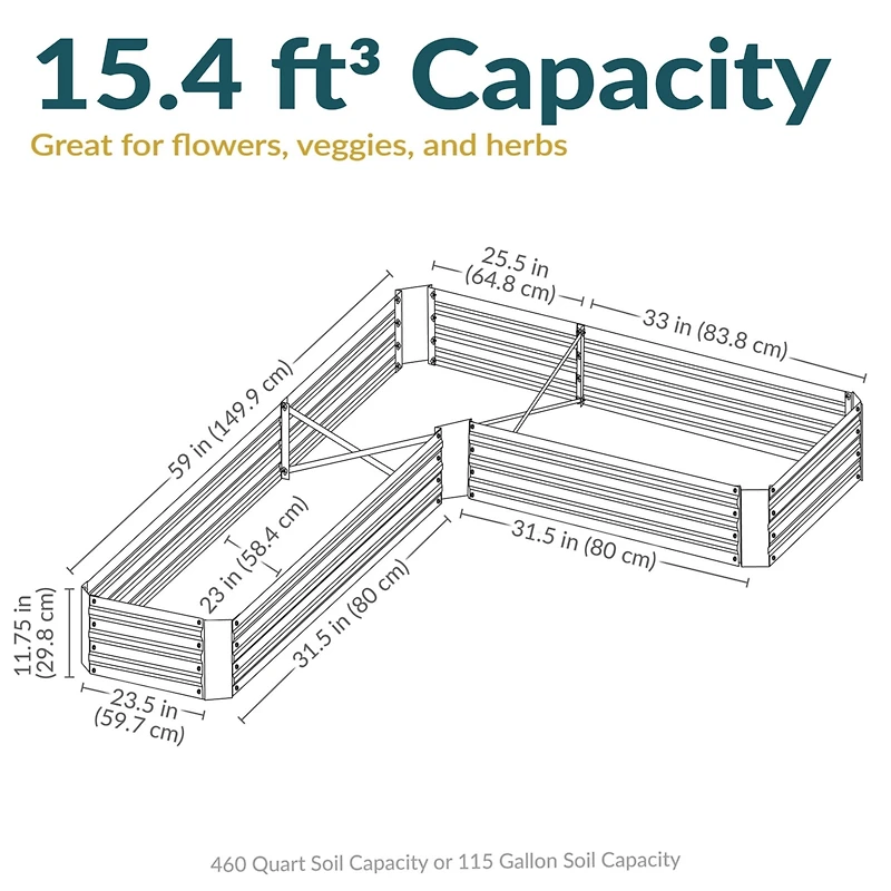 Outdoor Galvanized Steel L-Shaped Raised Garden Bed for Plants, Vegetables, and Flowers - 59.5"