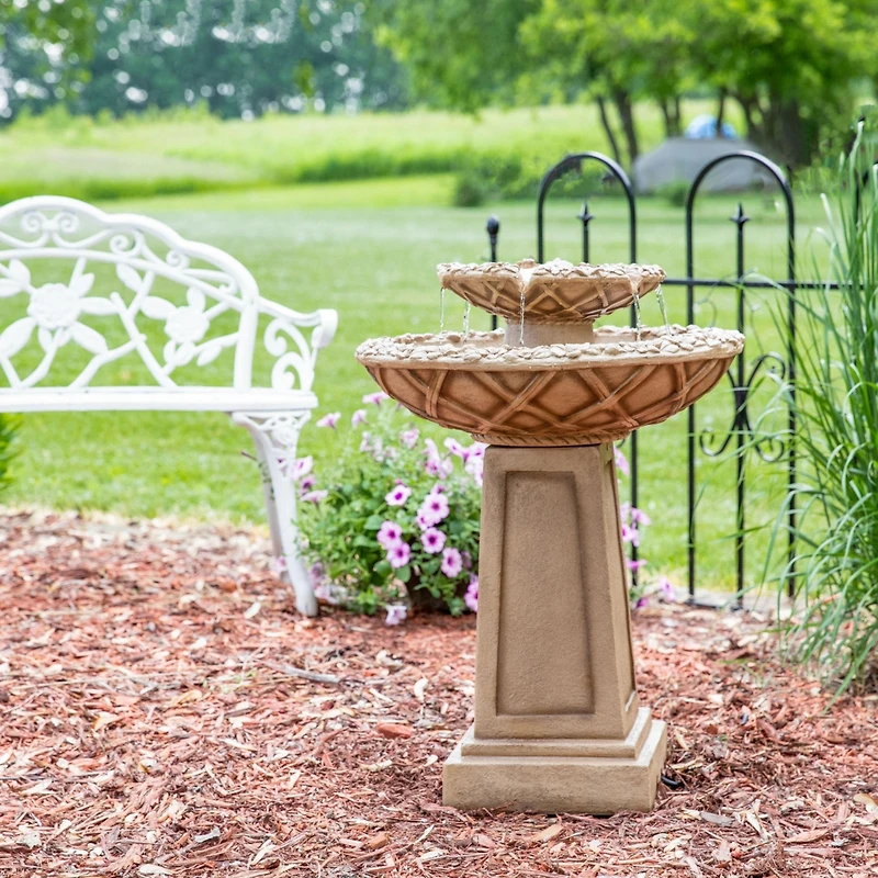 28"H Electric Polyresin 2-Tier Beveled Flower Outdoor Bird Bath Water Fountain