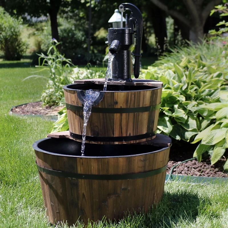 2-Tier Wood Barrel Outdoor Water Fountain - 34-Inch Waterfall Fountain with Submersible Pump - for Garden, Patio, Decks