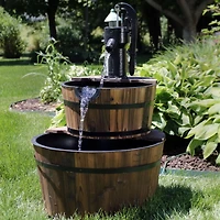 2-Tier Wood Barrel Outdoor Water Fountain - 34-Inch Waterfall Fountain with Submersible Pump - for Garden, Patio, Decks