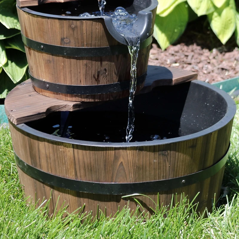 Sunnydaze Decor Country Wood Barrel 23-Inch 2-Tier Water Fountain - Electric Submersible Pump