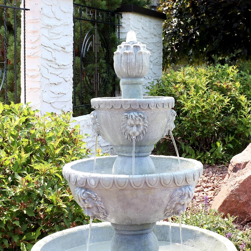 Sunnydaze Decor Lion Head 53-Inch 4-Tier Fiberglass Water Fountain - Electric Submersible Pump