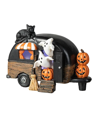 Glitzhome 9.25''L Halloween Polyresin Lighted Camper W/Ghost Pumpkin Black Cat Table Decor
