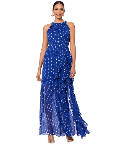 Betsy & Adam Petite Printed Ruffled Halter Gown