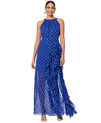 Betsy & Adam Petite Printed Ruffled Halter Gown