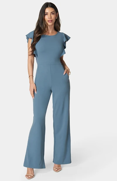 Bebe Women's Scuba Crepe Jumpsuit With Ruffle Sleeve