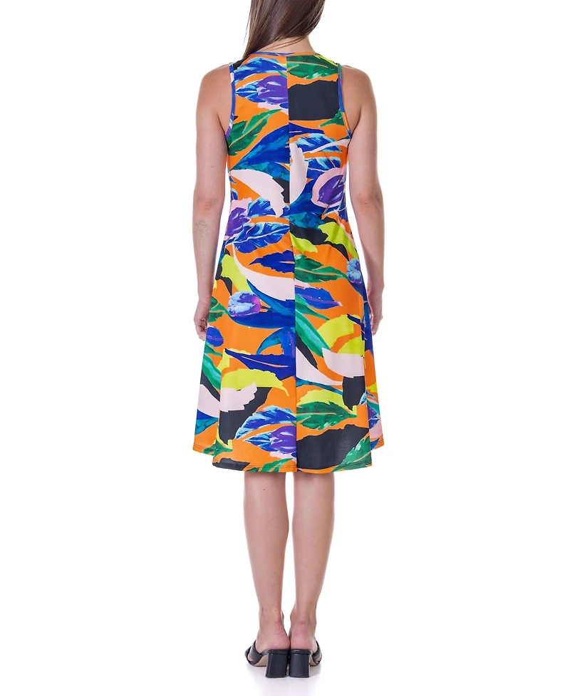 24seven Comfort Apparel Women's Print Sleeveless Knee Length Tank Swing Dress