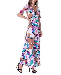 24seven Comfort Apparel Women's Print Elbow Sleeve Casual A Line Maxi Dress
