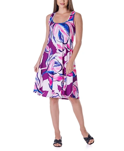 24seven Comfort Apparel Print Sleeveless Knee Length Tank Swing Dress