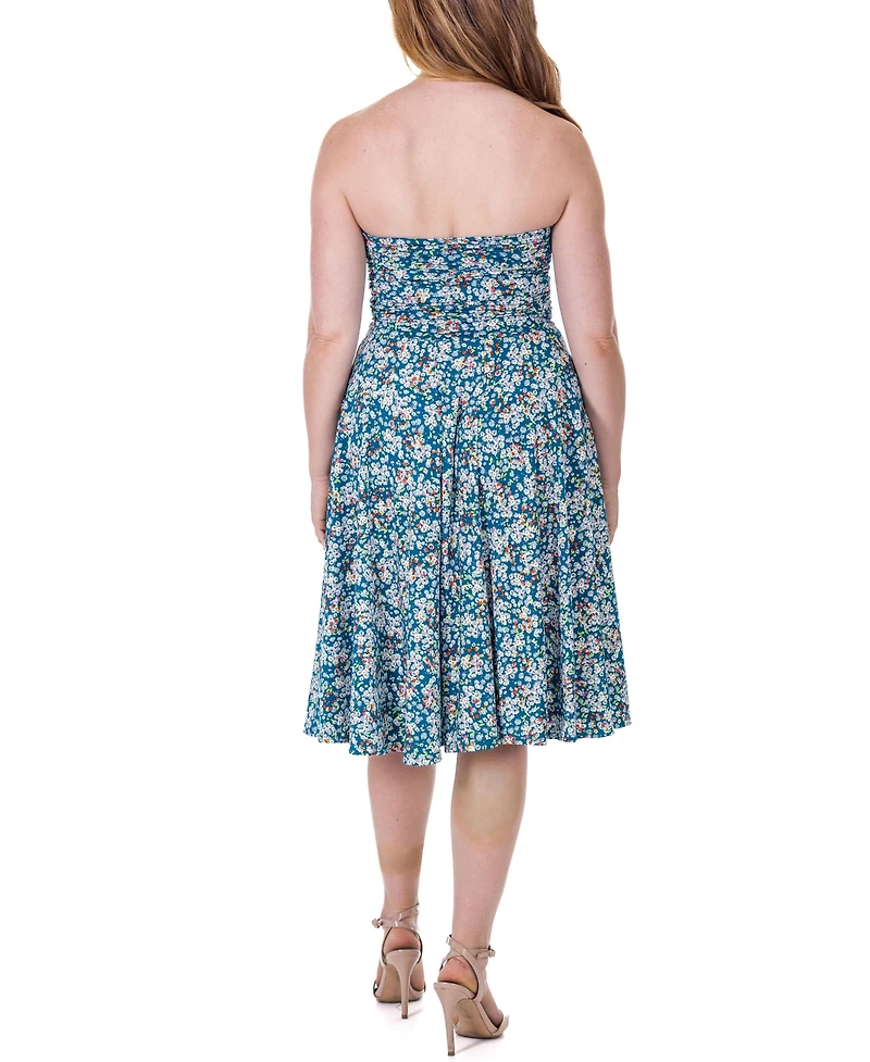 24seven Comfort Apparel Teal Floral Strapless Tube Top Flowy Knee Length Dress