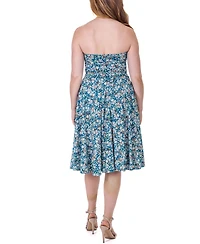 24seven Comfort Apparel Teal Floral Strapless Tube Top Flowy Knee Length Dress