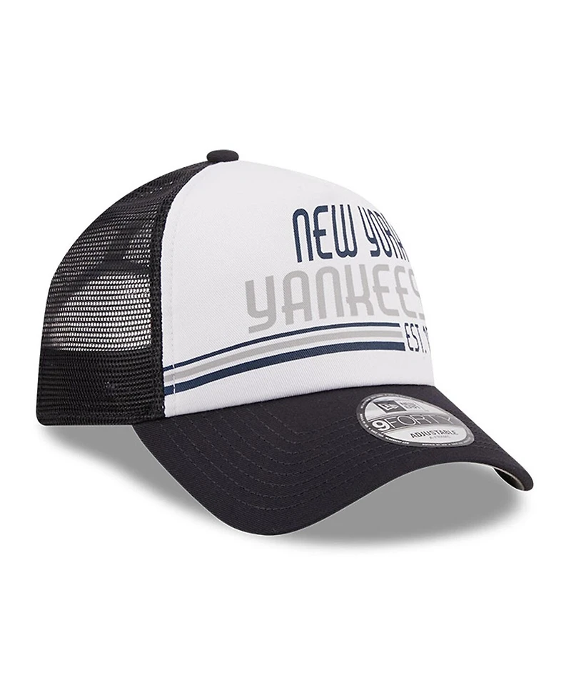 New Era Men's White/Navy New York Yankees Stacked A-Frame Trucker 9Forty Adjustable Hat