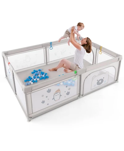 Slickblue Toddler Large Baby Playpen with Pull Rings Ocean Balls and Cute Pattern-Penguin