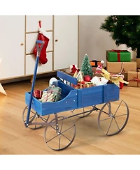 Wooden Wagon Plant Bed with Metal Wheels for Garden Yard Patio