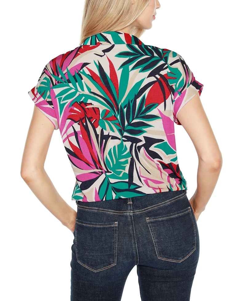Belldini Women's Printed Collared Button-Front Floral Top