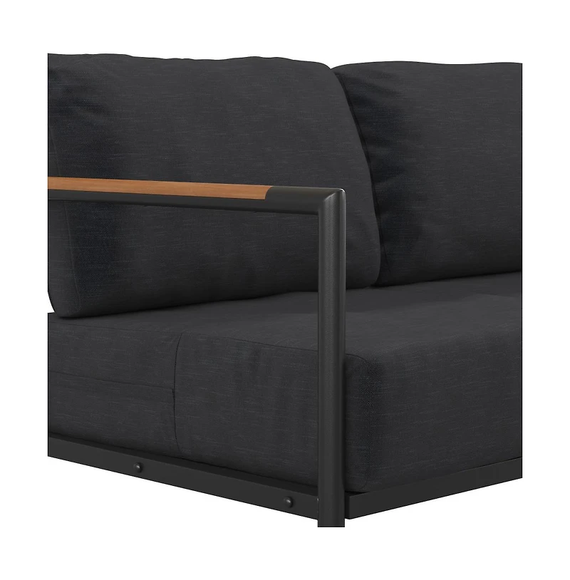 Eastport Outdoor Loveseat With Removable Plush Fabric Cushions And Teak Accented Aluminum Frame
