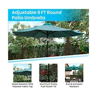 Outdoor Powder Coated Steel Dining Table With Faux Teak Poly Slat Top, 9' Patio Umbrella And Base