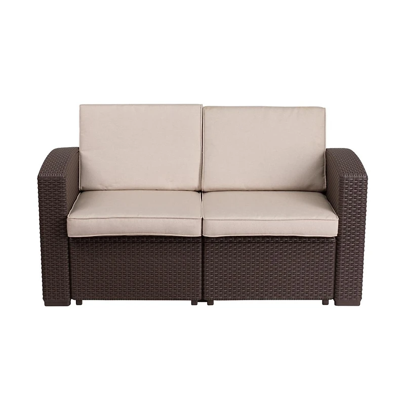 Malmok Outdoor Furniture Resin Loveseat Faux Rattan Wicker Pattern 2-Seat Loveseat With All-Weather Cushions