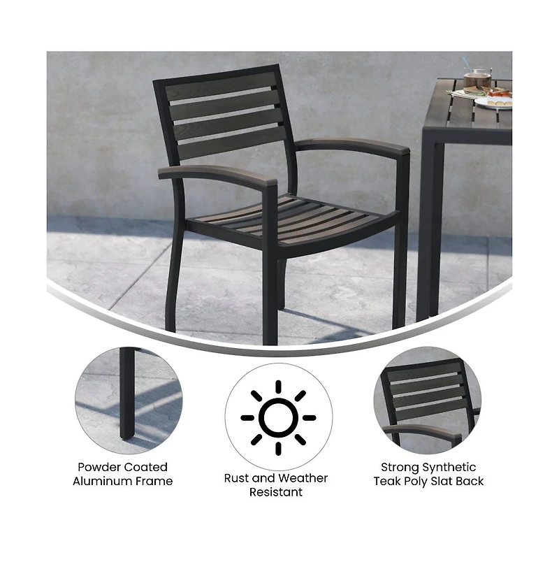 Set Of Two Aluminum Stacking Chairs With Faux Teak Slatted Back And Seat Accented Arms